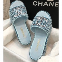 Chanel Heel CC Logo Tweed Mules Pale Green 2020 CE02816