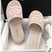 Chanel Heel CC Logo Tweed Mules Pink 2020 CE03761