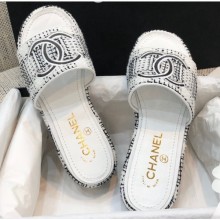 Chanel Heel CC Logo Tweed Mules White 2020 CE02884