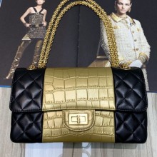 Chanel Lambskin and Crocodile Embossed Calfskin Medium 2.55 Flap Bag A37586 Black/Gold 2019 Collection CE03387