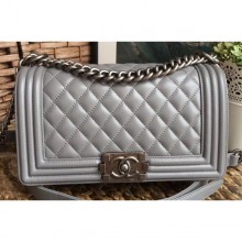 Chanel Lambskin Boy Flap Medium Bag Gray/Silver CE01176