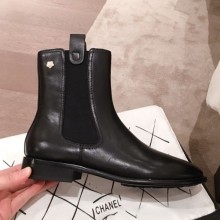 Chanel Leather Camellia Slip-on Flat Short Boots Black 2019 Collection CE01047
