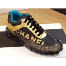 Chanel Logo Metallic Lambskin and Fabric Sneakers G34086 Gold/Black/Bronze 2019 CE04377