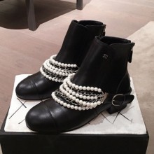 Chanel Pearl Chain Buckle Short Boots Black 2019 Collection CE02157