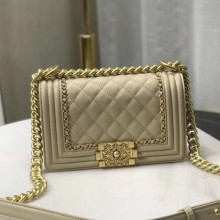 Chanel Quilted Calfskin Chain Small Boy Flap Bag A67085 Beige 2019 Collection CE01806
