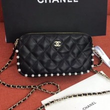 Chanel Quilted Calfskin Pearl Clutch with Chain Black 2020 Collection CE03296