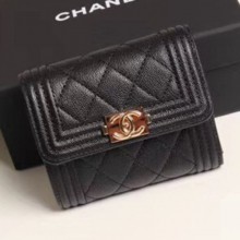 Chanel Quilted Grained Calfskin Boy Small Flap Wallet A81996 Black 2019 Collection CE03107