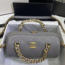 Chanel Quilted Lambskin Bowling Bag with Chain Top Handle Gray 2020 Collection CE01618
