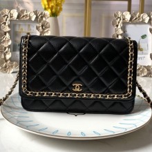 Chanel Quilted Lambskin Chain Trim Wallet on Chain WOC Black 2019 Collection CE03620