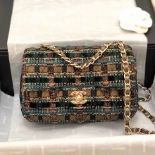 Chanel Quilted Lurex Tweed Small Flap Bag A01112 Green/Gold/Black 2019 Collection CE02340