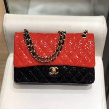 Chanel Quilted Patent Calfskin Medium Classic Flap Bag A01112 Red/Black/Gold 2019 Collection CE02576