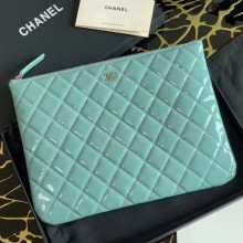 Chanel Quilted Patent Leather Medium Pouch Blue 2020 Collection CE01549