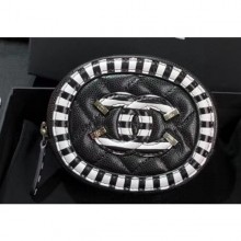 Chanel Striped Grained Calfskin CC Filigree Round Zipped Coin Purse A81458 Black 2019 CE03450