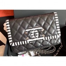 Chanel Striped Grained Calfskin CC Filigree Wallet On Chain Bag A84451 Black 2019 CE03927