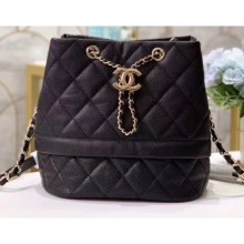 Copy Chanel Caviar Leather Quilted Rolled Up Drawstring Bucket Bag Black CE04310