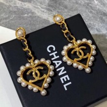 Copy Chanel Chain Leather and Pearl Heart Pendant Earrings Black/White/Gold 2019 Collection CE03417