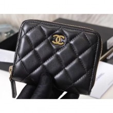 Copy Chanel Classic Small Zipped Card Holder 60086 Lambskin Black/Gold CE02458