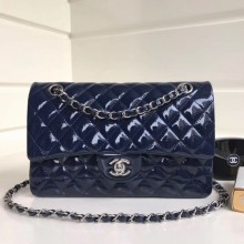 Copy Chanel Patent Calfskin Medium Classic Flap Bag A1112 Deep Blue（Silver Hardware） Collection CE01764