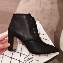Copy Chanel Stitching Lambskin Heel Short Boots Black 2019 Collection CE01556