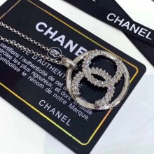 Copy Chanel Swarovski Crystal CC Round Pendant Necklace Silver/Crystal White 2019 Collection CE02252