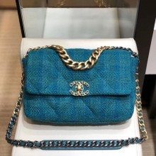 Designer Copy Chanel 19 Wool Tweed Large Flap Bag AS1161 Dark Blue 2019 Collection CE03312
