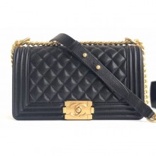 Designer Fake Chanel Caviar Leather Boy Flap Medium Bag Black/Gold CE03173