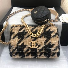 Fake Chanel 19 Houndstooth Tweed Flap Bag and Coin Purse Black/Beige 2019 Collection CE01388