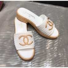Fake Chanel CC Metal Logo Tweed Flat Slide Sandals White 2020 Collection CE01057