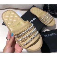 Fake Chanel Chain and Pearl Mules Slipper Sandals Beige 2020 CE01923