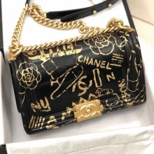 Fake Chanel Crocodile Embossed Graffiti Leather Medium Boy Flap Bag A67086 Black 2019 Collection CE03763