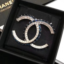 Fake Chanel Double Square Crystal CC Brooch Crystal White/Dark Blue 2019 Collection CE01860