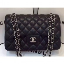 Fake Chanel Lambskin Classic Flap 30cm Bag Black With Silver Hardware 2018 CE03504