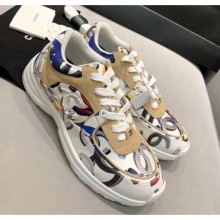 Fake Chanel Multicolor Print Fabric & Calfskin Sneaker Beige/White 2020 Collection CE01149