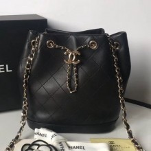 Fake Chanel Quilted Leather Chain Drawstring Small Bucket Bag Black 2019 Collection CE03571