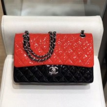 Fake Chanel Quilted Patent Calfskin Medium Classic Flap Bag A01112 Red/Black/Silver 2019 Collection CE02540