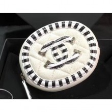 Fake Chanel Striped Grained Calfskin CC Filigree Round Zipped Coin Purse A81458 White 2019 CE00759