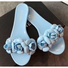 Fake Chanel Tpu Camellia Pool Mules Slides Sandals Light Blue 2020 CE01946