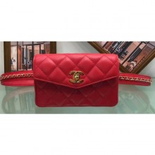 Fashion Fake Chanel Vintage Chain Belt Quilted Fanny Pack Waist Flap Bag Lambskin Red CE02014