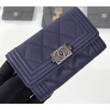 High Imitation Chanel Grained Calfskin Boy Flap Card Holder A80603 Navy Blue/Silver CE02867