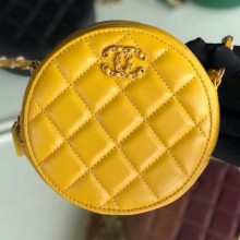 High Imitation Chanel Quilted Lambskin Chain CC Round Clutch with Chain AP0725 Yellow 2019 Collection CE00764
