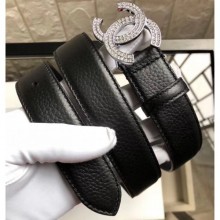 High Quality Chanel Width 3cm Crystal CC Logo Buckle Leather Belt Grained Black/Silver CE02618