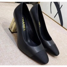 High Quality Imitation Chanel Heel 8cm Lambskin/Grosgrain Pumps G34905 Black/Gold 2019 CE02849
