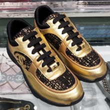 High Quality Imitation Chanel Metallic Leather and Tweed Low-Top Sneakers G35060 Black/Gold 2019 Collection CE01376
