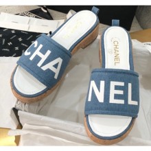 Imitation 1:1 Chanel Heel Logo Mules Denim Blue 2020 CE03091