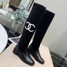 Imitation Chanel Calfskin and Knit Fabric CC Flat Fold High Boots Black/White 2019 Collection CE04284