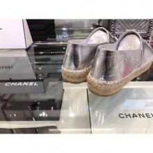 Imitation Chanel CC Logo Laminated Crinkled Leather Espadrilles G29762 Silver 2019 CE03482