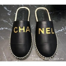 Imitation Chanel Gold Logo Espadrilles Mules Black 2019 CE01187