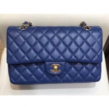 Imitation Chanel Grained Caflskin Medium Classic Flap Bag A01112 Blue With Gold Hardware CE02120