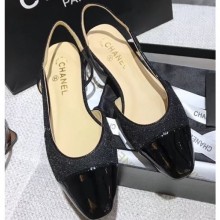 Imitation Chanel Heel 2cm Flat Slingbacks G31319 Glittter Black/Patent CE00742