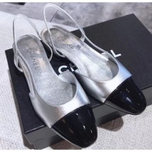 Imitation Chanel Heel 2cm Flat Slingbacks G31319 Metallic Silver/Patent Black CE03196